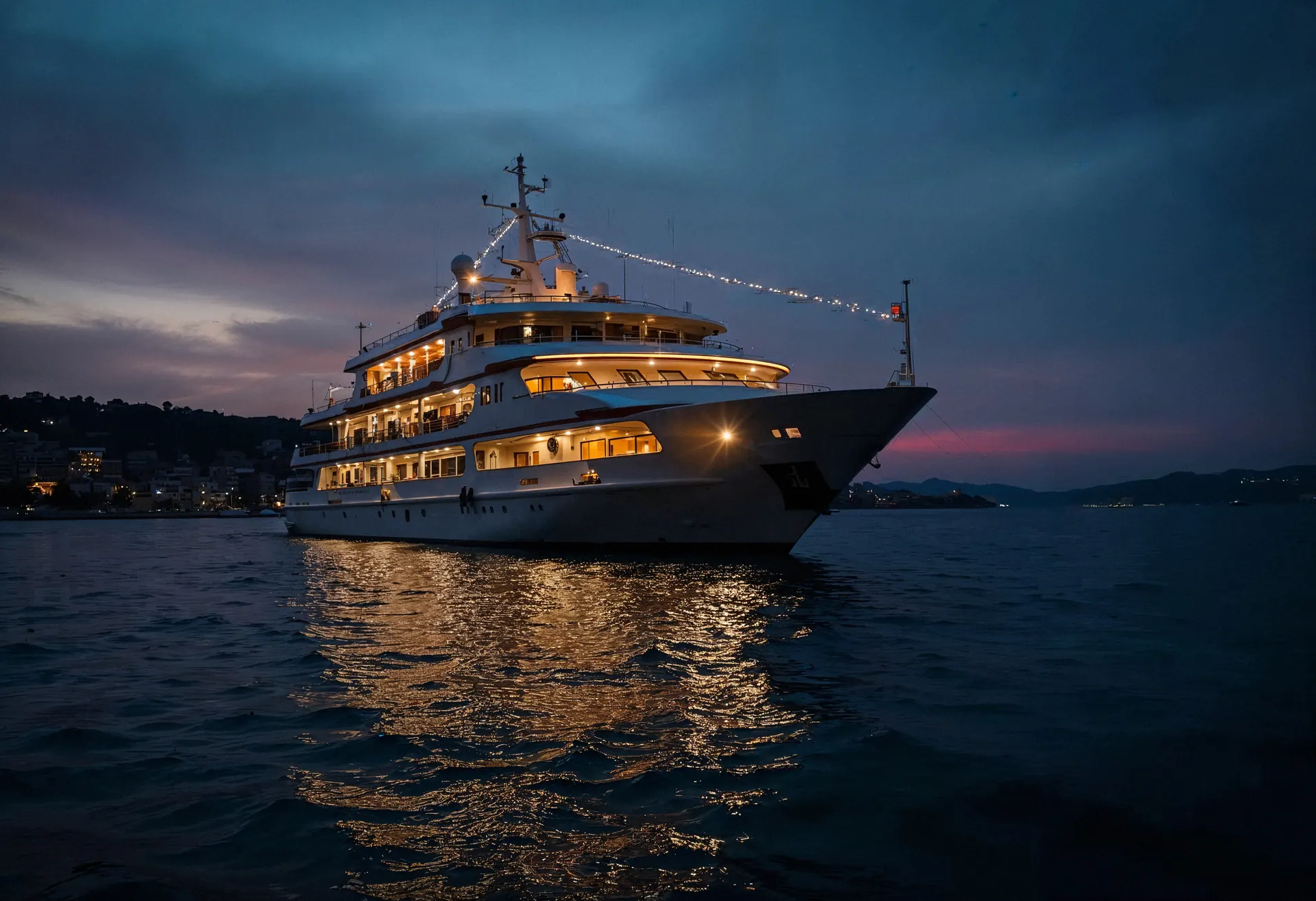 Luxury yacht cruising at sunset